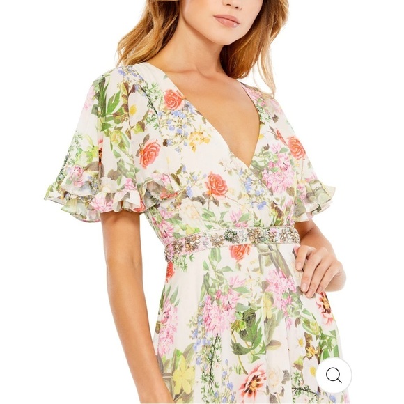 Mac Duggal FLORAL PRINT FAUX WRAP FLUTTER SLEEVE A LINE GOWN size 12 $498 - Picture 3 of 13